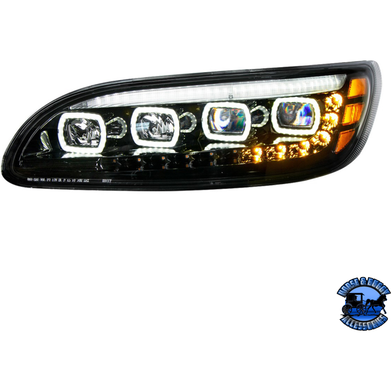 QUAD-LED HEADLIGHT WITH LED DRL & SEQ. SIGNAL FOR 2005-2015 PETERBILT 386 (Choose Color) (Choose Side) HEADLIGHT Black / Driver's Side Light Gray