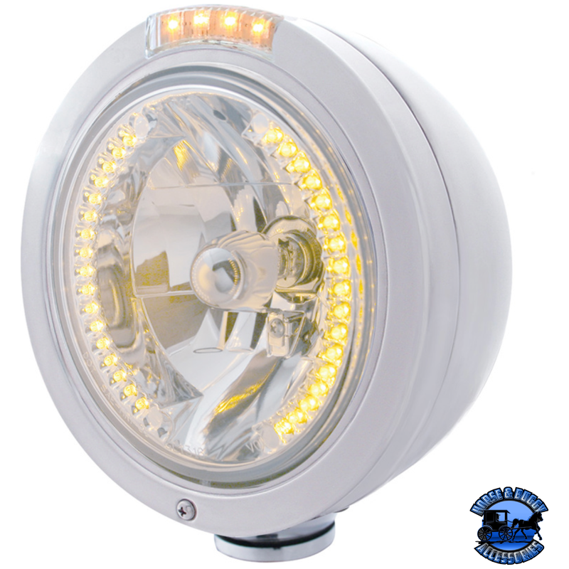 STAINLESS STEEL BULLET CLASSIC HEADLIGHT H4 WITH AMBER LED & SIGNAL (Choose Mode) (Choose Color) HEADLIGHT Dual / Clear,Single / Clear Gray