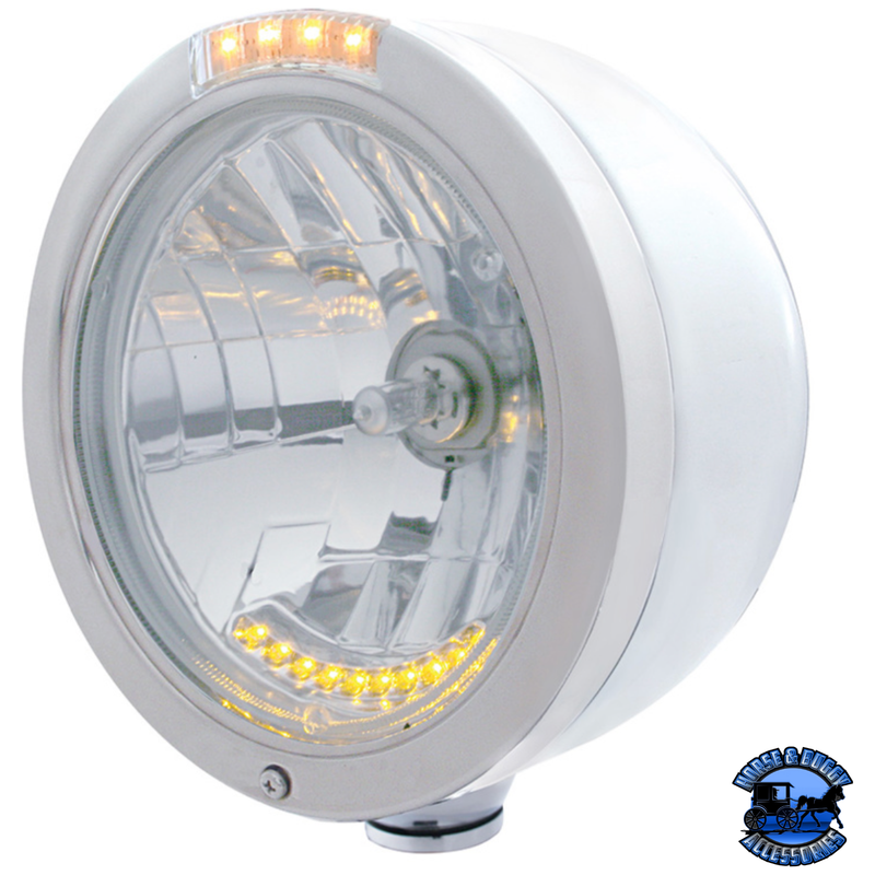STAINLESS STEEL BULLET HALF MOON HEADLIGHT H4 WITH 10 AMBER LED & LED TURN SIGNAL (Choose Mode) (Choose Color) HEADLIGHT Dual / Clear,Single / Clear Gray