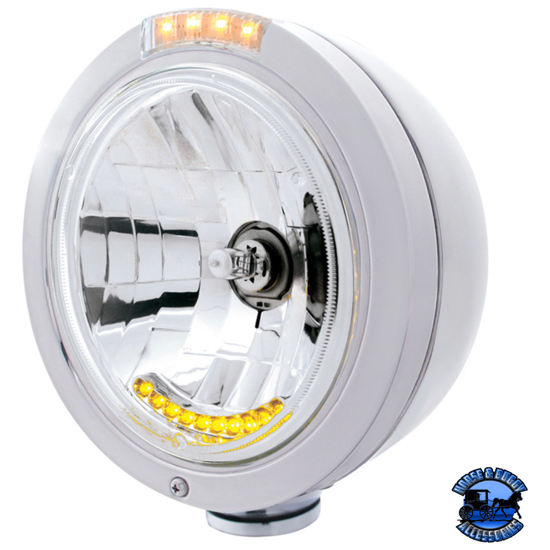 STAINLESS STEEL BULLET CLASSIC HEADLIGHT H4 WITH 10 AMBER LED & LED TURN SIGNAL (Choose Mode) (Choose Color) HEADLIGHT Dual / Clear,Single / Clear Light Gray