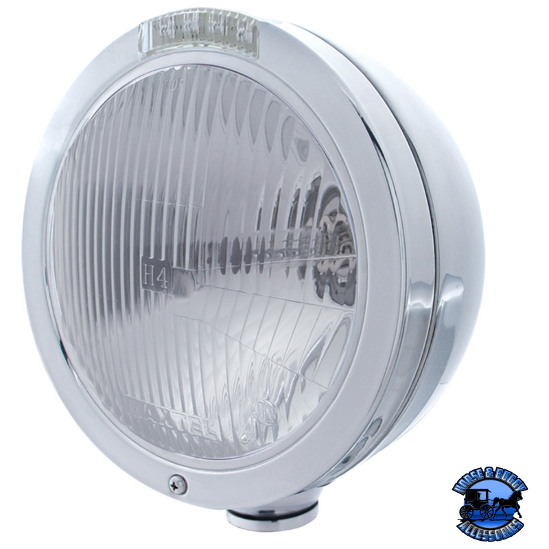 STAINLESS STEEL BULLET CLASSIC HEADLIGHT H4 BULB & LED TURN SIGNAL (Choose Color) HEADLIGHT Clear Gray