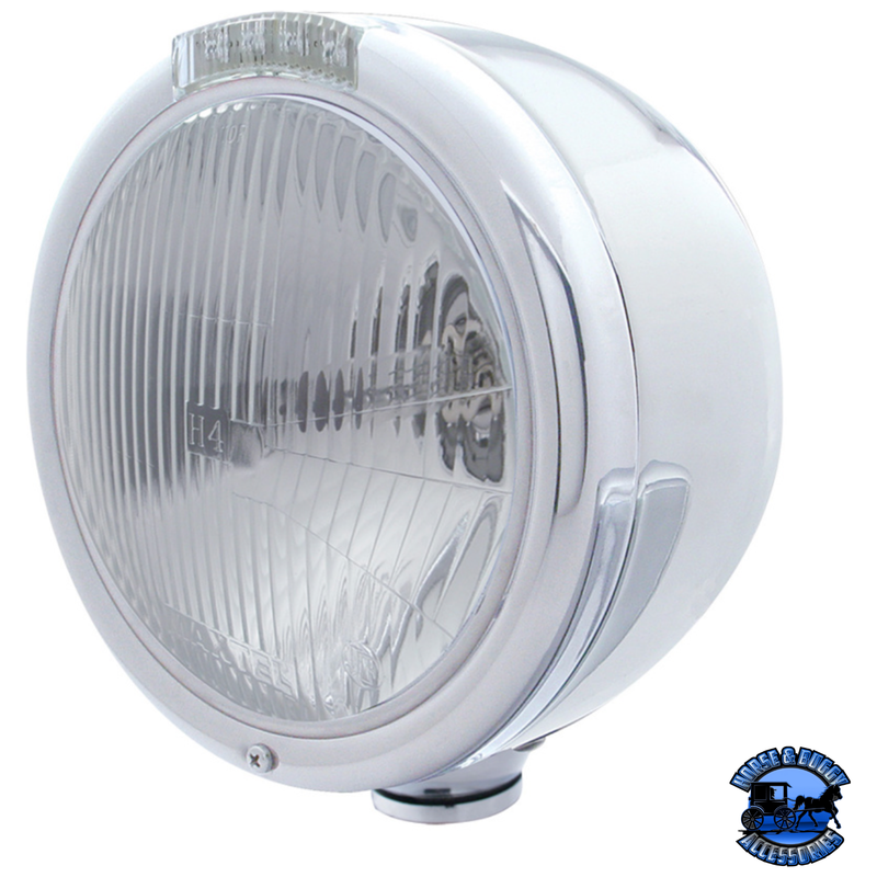 STAINLESS STEEL CLASSIC HALF MOON HEADLIGHT H4 BULB & LED TURN SIGNAL (Choose Color) HEADLIGHT Clear Gray