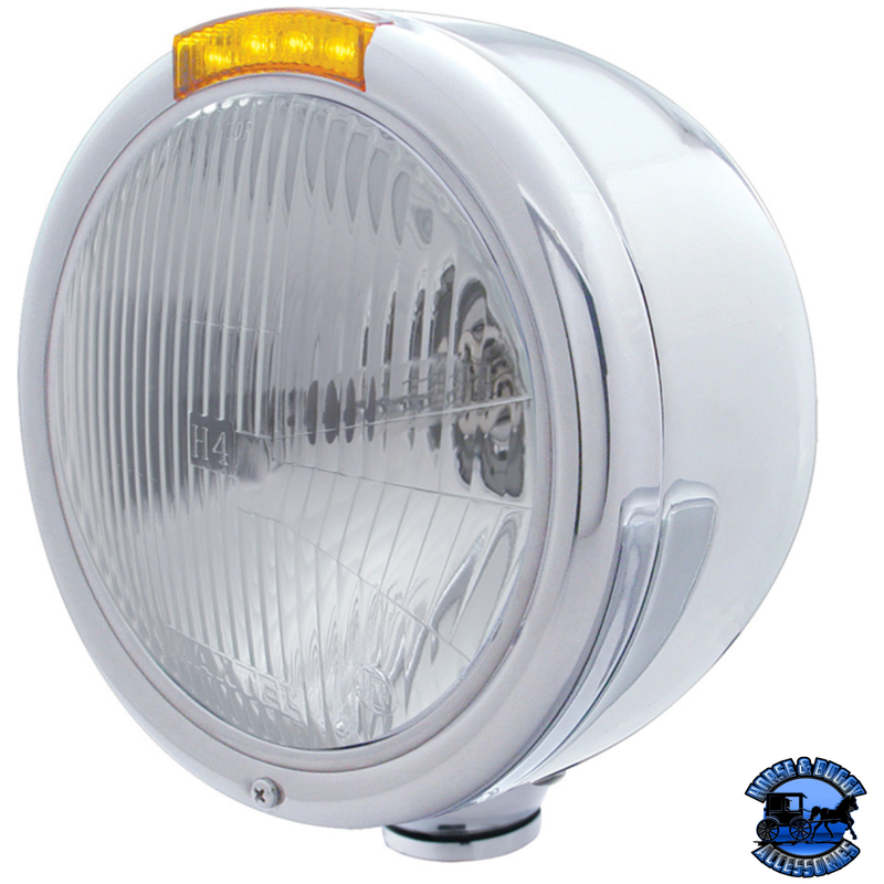 STAINLESS STEEL CLASSIC HALF MOON HEADLIGHT H4 BULB & LED TURN SIGNAL (Choose Color) HEADLIGHT Amber Gray