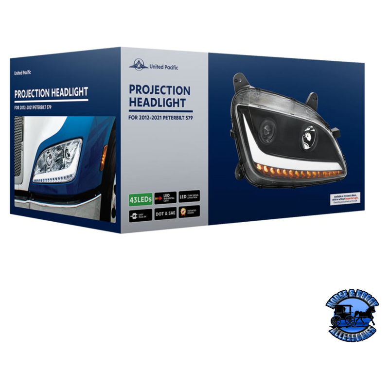 PROJECTION HEADLIGHT WITH LED POSITION LIGHT & SEQUENTIAL SIGNAL FOR 2012-2021 PETERBILT 579 (Choose Color) (Choose Choose Side) HEADLIGHT Chrome / Driver's Side,Chrome / Passenger's Side,Black / Driver's Side,Black / Passenger's Side Gray