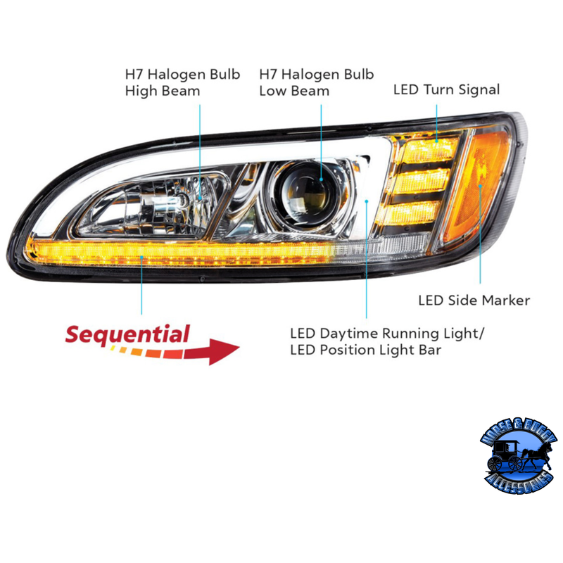 PROJECTION HEADLIGHT WITH LED SEQUENTIAL TURN & DRL FOR 2005-2015 PETERBILT 386 (Choose Color) (Choose Side) HEADLIGHT Chrome / Driver's Side,Chrome / Passenger's Side,Black / Driver's Side,Black / Passenger's Side Dark Khaki