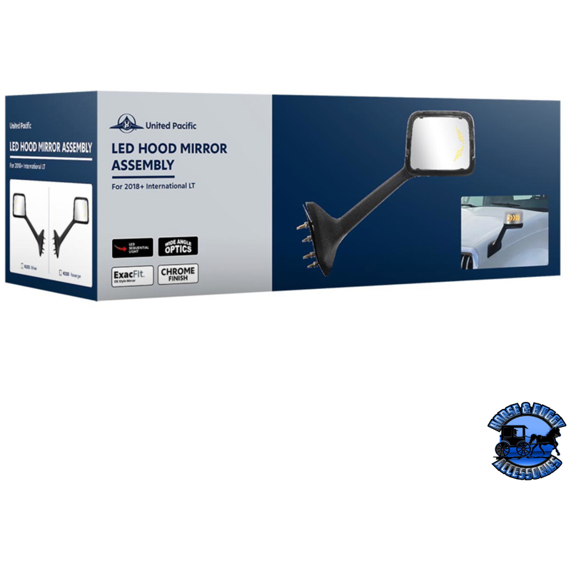 CHROME PLASTIC HOOD MIRROR ASSEMBLY WITH SEQUENTIAL LED TURN SIGNALS FOR 2018-2024 INTERNATIONAL LT (Choose Side) Hood Mirror Driver's Side,Passenger's Side Dark Slate Gray