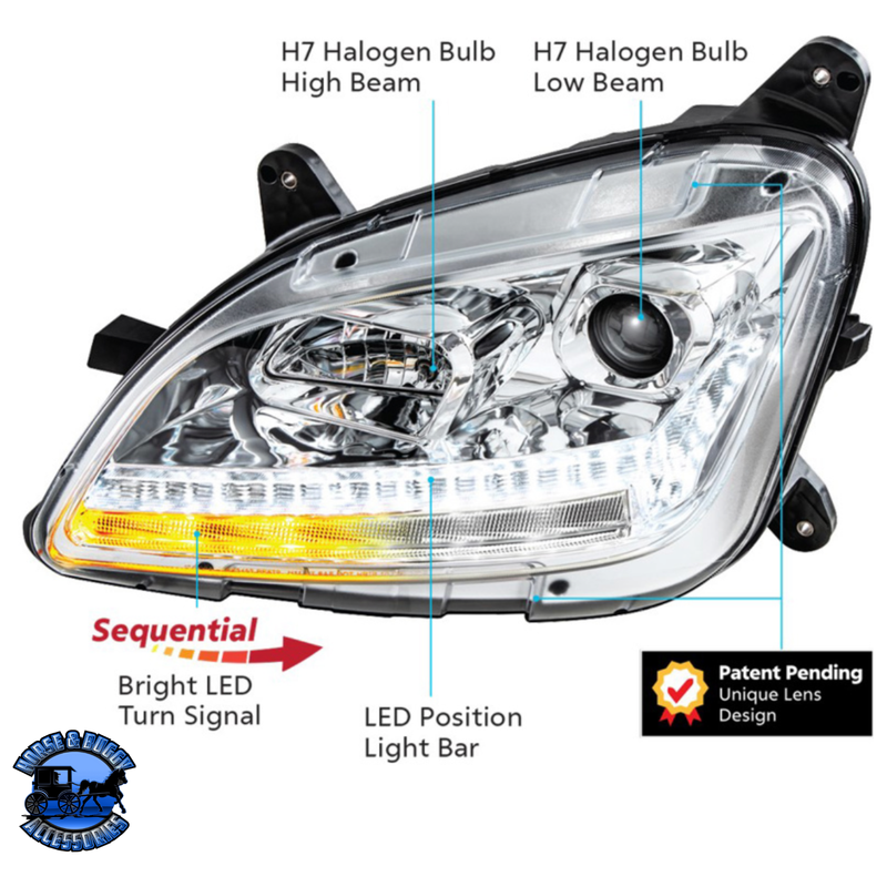 PROJECTION HEADLIGHT WITH LED SEQUENTIAL TURN AND DRL FOR 2012-2021 PETERBILT 579 (Choose Color) (Choose Side) HEADLIGHT Chrome / Driver's Side,Chrome / Passenger's Side,Black / Driver's Side,Black / Passenger's Side Light Gray