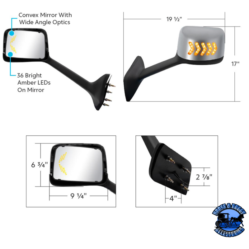 CHROME PLASTIC HOOD MIRROR ASSEMBLY WITH SEQUENTIAL LED TURN SIGNALS FOR 2018-2024 INTERNATIONAL LT (Choose Side) Hood Mirror Driver's Side,Passenger's Side Light Gray