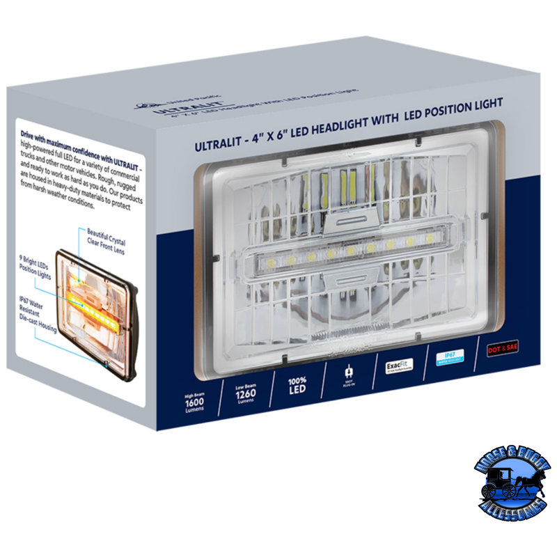 ULTRALIT - 4" X 6" RECTANGULAR LED HEADLIGHT WITH LED POSITION LIGHT (Choose Color) (Choose High or Low) LED Headlight Amber / Low,Amber / High,White / Low,White / High Gray