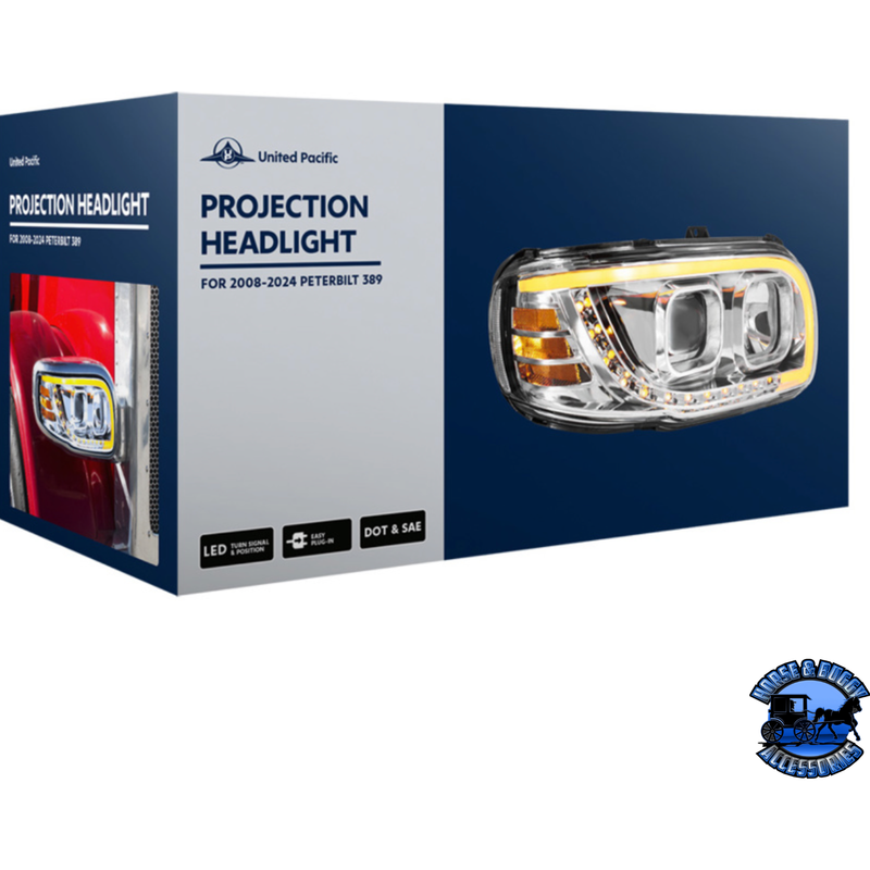 PROJECTION HEADLIGHT WITH LED TURN SIGNAL & LIGHT BAR FOR 2008-2024 PETERBILT 389 (Choose Color) (Choose Side) HEADLIGHT Chrome / Driver's Side,Chrome / Passenger's Side,Black / Driver's Side,Black / Passenger's Side Gray