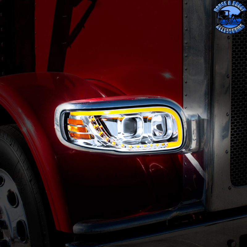 PROJECTION HEADLIGHT WITH LED TURN SIGNAL & LIGHT BAR FOR 2008-2024 PETERBILT 389 (Choose Color) (Choose Side) HEADLIGHT Chrome / Driver's Side,Chrome / Passenger's Side,Black / Driver's Side,Black / Passenger's Side Black