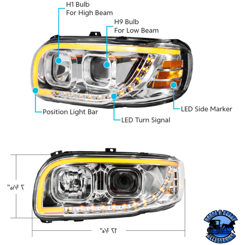 PROJECTION HEADLIGHT WITH LED TURN SIGNAL & LIGHT BAR FOR 2008-2024 PETERBILT 389 (Choose Color) (Choose Side) HEADLIGHT Chrome / Driver's Side,Chrome / Passenger's Side,Black / Driver's Side,Black / Passenger's Side Gray