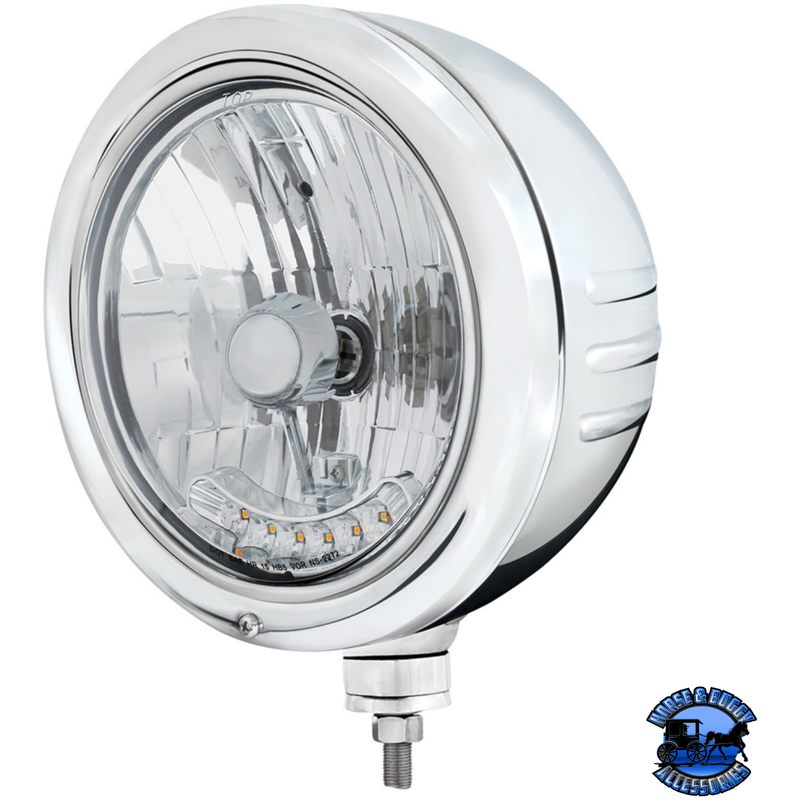 STAINLESS CLASSIC EMBOSSED STRIPE HEADLIGHT HOUSING WITH 6 AMBER LED CRYSTAL HALOGEN HEADLIGHT #32769 HEADLIGHT Light Gray