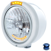 STAINLESS STEEL CLASSIC HALF MOON HEADLIGHT H4 WITH LED TURN SIGNAL - AMBER LED/LENS #32059 headlight Light Gray