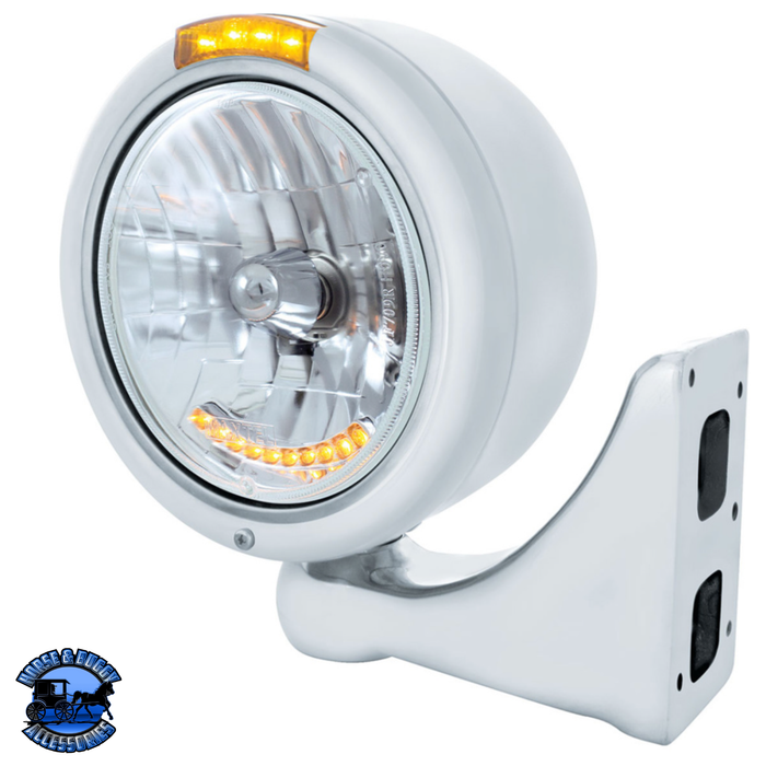 Light Gray STAINLESS STEEL CLASSIC HALF MOON HEADLIGHT H4 WITH LED TURN SIGNAL - AMBER LED/LENS #32059 headlight