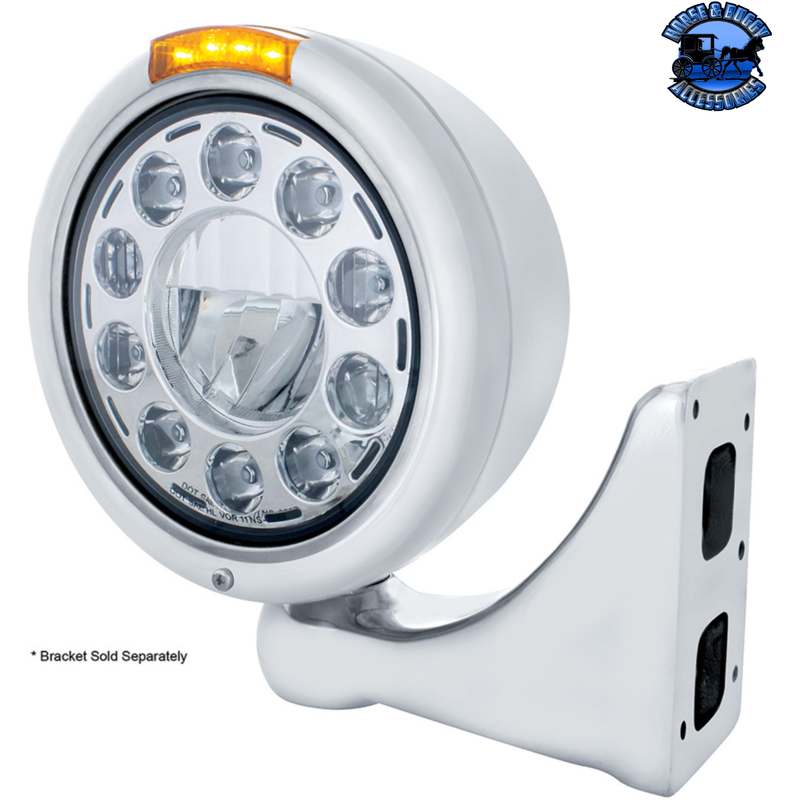 STAINLESS CLASSIC HEADLIGHT 11 LED BULB & DUAL MODE LED TURN SIGNAL (Choose Color) HEADLIGHT Amber,Clear Light Gray