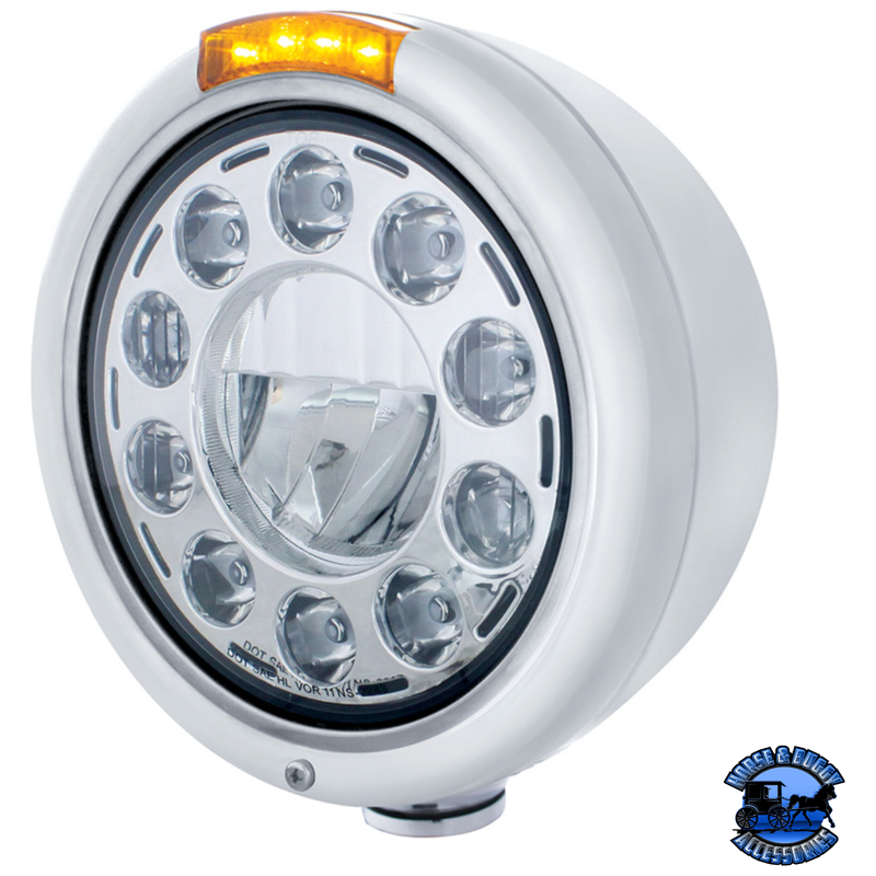 STAINLESS CLASSIC HEADLIGHT 11 LED BULB & DUAL MODE LED TURN SIGNAL (Choose Color) HEADLIGHT Amber Light Gray