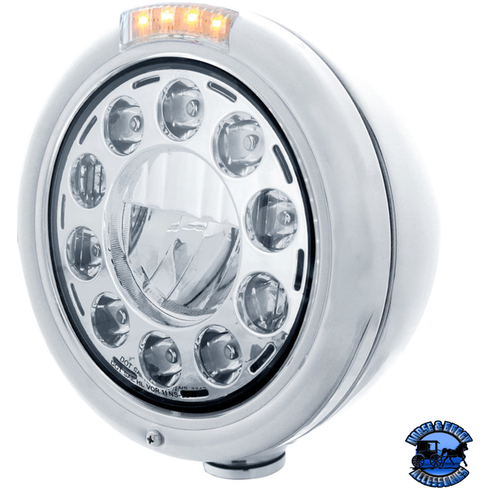 Light Gray STAINLESS CLASSIC HEADLIGHT 11 LED BULB & DUAL MODE LED TURN SIGNAL (Choose Color) HEADLIGHT Clear