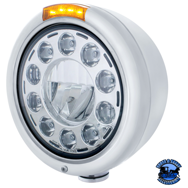 STAINLESS CLASSIC HEADLIGHT 11 LED BULB & DUAL MODE LED TURN SIGNAL (Choose Color) HEADLIGHT Amber Light Gray