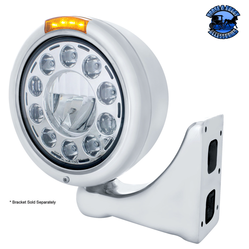 STAINLESS CLASSIC HEADLIGHT 11 LED BULB & DUAL MODE LED TURN SIGNAL (Choose Color) HEADLIGHT Amber,Clear Light Gray