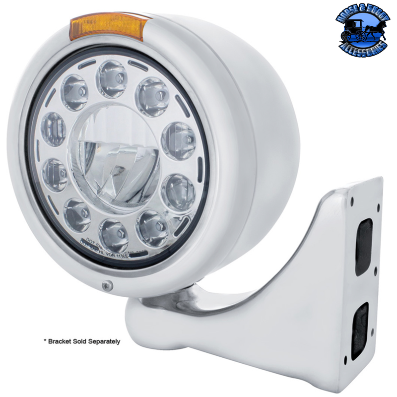 STAINLESS CLASSIC HALF MOON HEADLIGHT 11 LED BULB & DUAL MODE LED TURN SIGNAL (Choose Mode) (Choose Color) HEADLIGHT Dual / Amber,Dual / Clear,Single / Amber,Single / Clear Light Gray