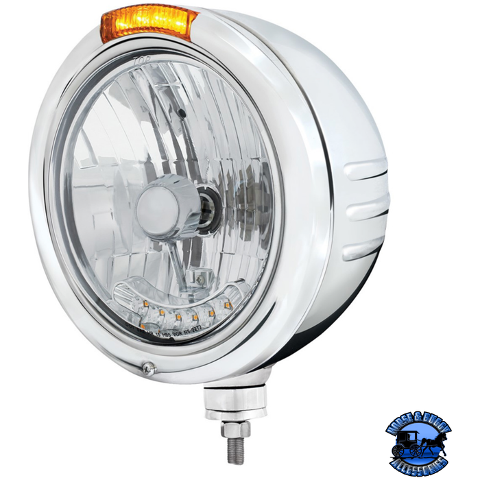 Light Gray STAINLESS STEEL CLASSIC EMBOSSED STRIPE HEADLIGHT H4 WITH 6 AMBER LED & DUAL MODE LED SIGNAL (Choose Color) HEADLIGHT Amber