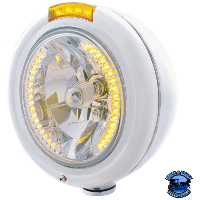 STAINLESS STEEL CLASSIC HEADLIGHT H4 WITH 34 AMBER LED & DUAL MODE LED SIGNAL (Choose Color) HEADLIGHT Amber Light Gray