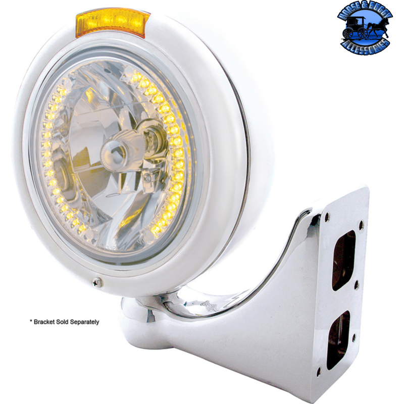 STAINLESS STEEL CLASSIC HEADLIGHT H4 WITH 34 AMBER LED & DUAL MODE LED SIGNAL (Choose Color) HEADLIGHT Amber,Clear Light Gray