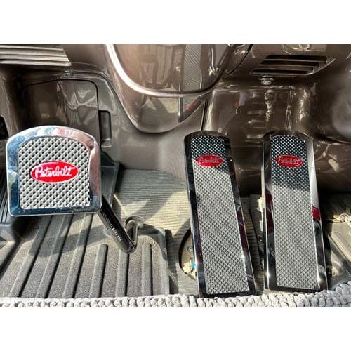 billet aluminum Peterbilt 379 389 359 foot pedals with rubber insert red logo #RZ-PS3-PB-DEC red FOOT PEDALS Dark Slate Gray