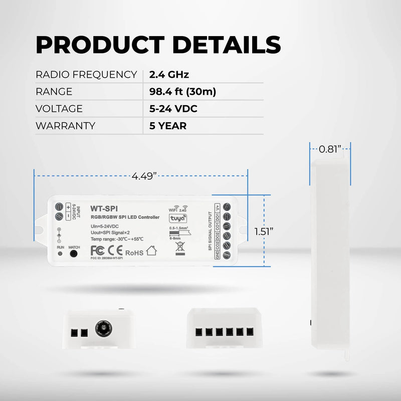 SB-WT-SPI-DS-RT09-V2 igital SPI LED Controller for Addressable RGB/RGBW Strip Lights - Wi-Fi Compatible - Controller and RF Remote - 5-24 VDC