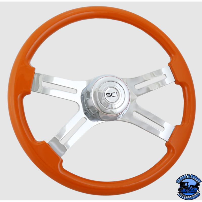 Classic Orange - 18" Painted Wood Rim, Chrome 4-Spoke w/Slot Cut Outs, Chrome Bezel, Chrome Horn Button Light Gray