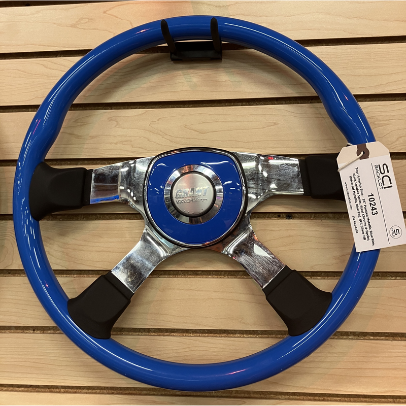 SC-10243 Tour America Blue - 18" Painted Metallic Blue Rim, Black Leather Spats, Steel Chrome 4-Spoke, Universal Metallic Blue Pad, SCI Silver Rosy Brown