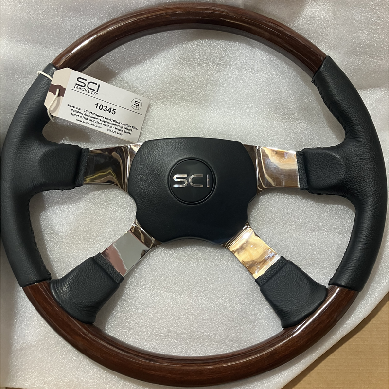 SC-10345 Startruck - 18" Mahogany Look/Black Leather Rim, Polished Aluminum 4-Spoke, Sport 4 Pad, SCI Horn Button - Matte Black *light scratches* Gray