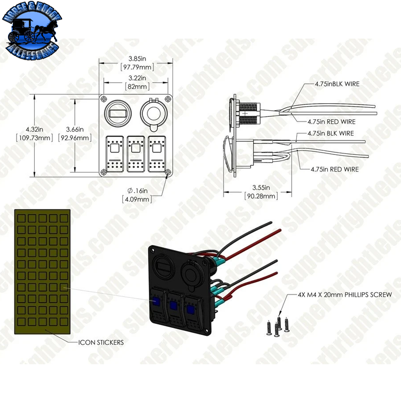SB-RSP2-3 LED ROCKER SWITCH PANEL / VOLTMETER & DUAL USB ORT; 3 POSITION WATERPROOF C DIST. PANEL (20 AMPS)