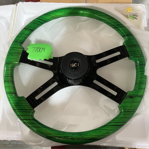 Gray SC-77004 Custom Wheel - 18" Printed Green Wood Rim, Black Chrome 4-Spoke w/Slot Cut Outs, Matching Bezel, Black Horn Button