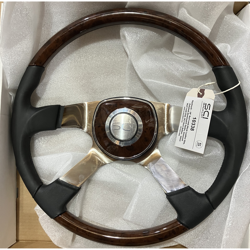 SC-10338 Startruck - 18" Burl Look/Black Leather Rim, Polished Alum 4-Spoke, Universal Burl Look Pad, SCI Horn Button - Silver Dark Gray