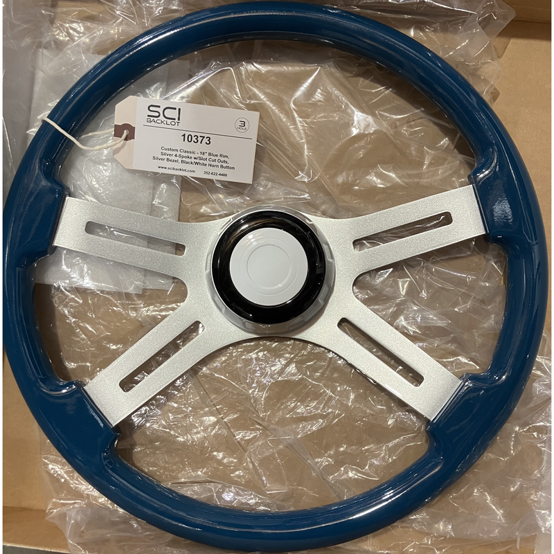 SC-10373 Custom Classic - 18" Blue Rim, Silver 4-Spoke w/Slot Cut Outs, Silver Bezel, Black/White Horn Button Dim Gray