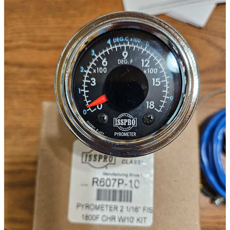 #R607P-10 Isspro 2-1/16 Inch Pyrometer Kit 0-1800F W/ Chrome Bezel, Black Face, Red Pointer, 10 Ft. Wiring