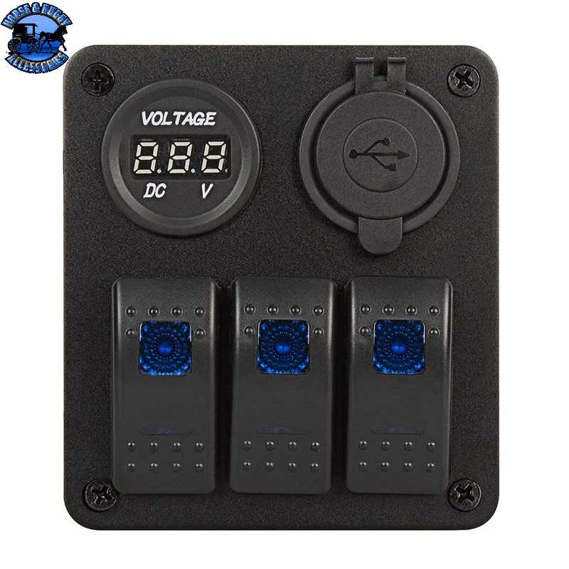 SB-RSP2-3 LED ROCKER SWITCH PANEL / VOLTMETER & DUAL USB ORT; 3 POSITION WATERPROOF C DIST. PANEL (20 AMPS)