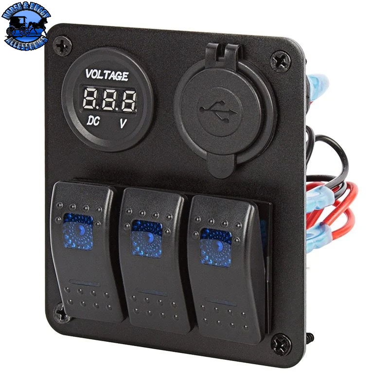 SB-RSP2-3 LED ROCKER SWITCH PANEL / VOLTMETER & DUAL USB ORT; 3 POSITION WATERPROOF C DIST. PANEL (20 AMPS)