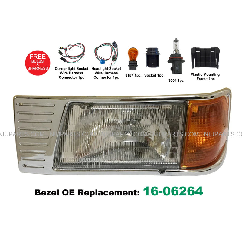 Headlight w/ Adjusters, Corner Lamp & Bezel Chrome 16-06264 LH Peterbilt 377 #173420430089