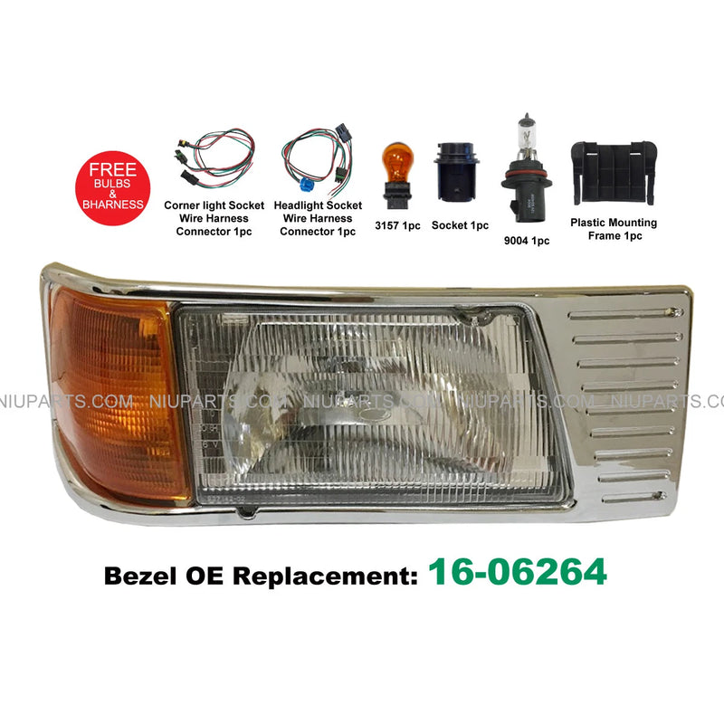 Headlight w/ Adjusters, Corner Lamp & Bezel Chrome 16-06264 RH Peterbilt 377 #173420427966