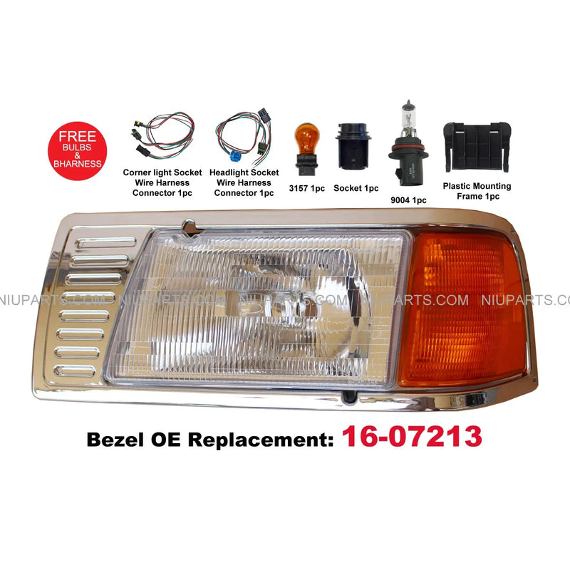 Headlight w/ Adjusters, Corner Lamp & Bezel Chrome 16-07213 LH Peterbilt 377 #172283150064