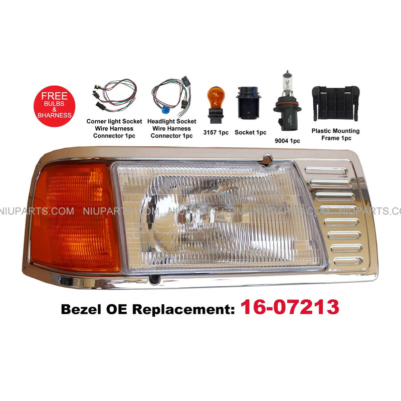 Headlight w/ Adjusters, Corner Lamp & Bezel Chrome 16-07213 RH Peterbilt 377 #182218725523