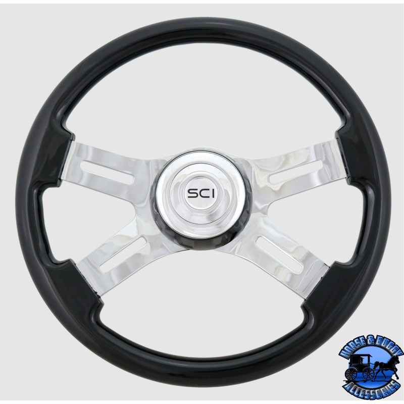 501-3090-77502 Steering Creations 16" Classic Black Painted Wood Rim, Chrome 4-Spoke w/Slot Cut Outs, Black Bezel Wheel steering wheel Dark Slate Gray