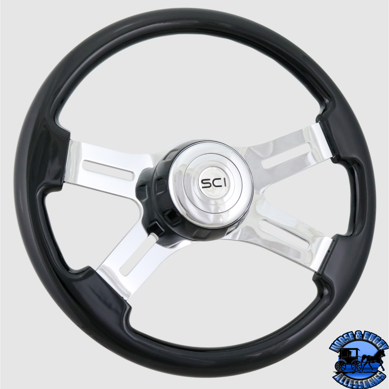501-3090-77502 Steering Creations 16" Classic Black Painted Wood Rim, Chrome 4-Spoke w/Slot Cut Outs, Black Bezel Wheel steering wheel Dark Slate Gray