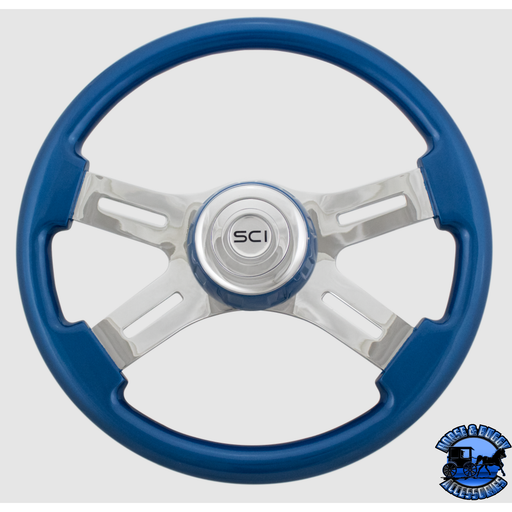 Steering Creations 16" Classic Blue Painted Wood Rim, Chrome 4-Spoke w/Slot Cut Outs, Blue Bezel Wheel