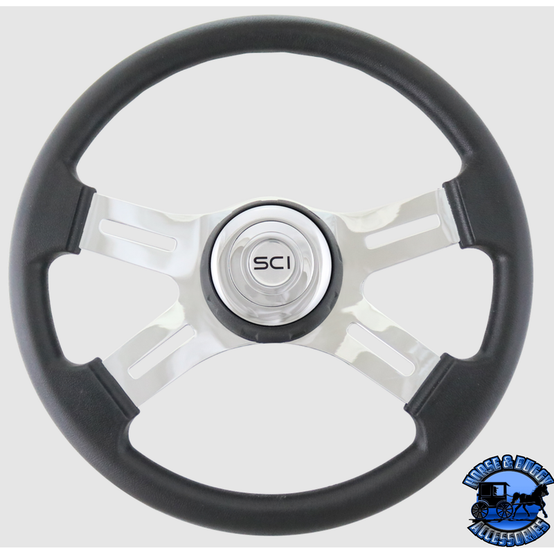 #181-3015-77502 Steering Creations 16" Polyurethane Rim, Chrome 4-Spoke w/Slot Cut Outs, Black Textured Bezel Wheel steering wheel Dark Slate Gray