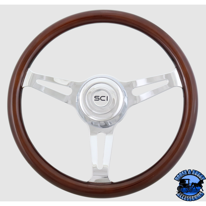 Steering Creations 16" Dart Wood Rim, Chrome 3-Spoke w/Slot Cut Outs, Chrome Bezel Wheel