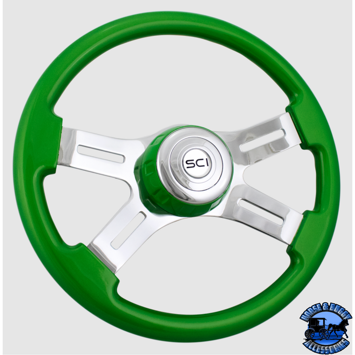 Steering Creations 16" Classic Green Painted Wood Rim, Chrome 4-Spoke w/Slot Cut Outs, Green Bezel Wheel